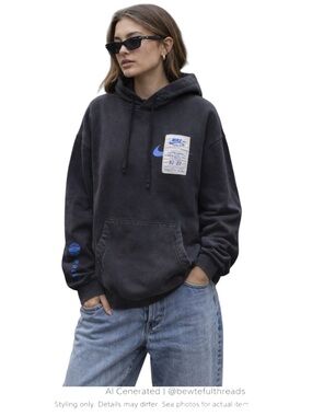 Nike AF1 Black Blue Hoodie Oversized Streetwear Indie Sleaze Women’s XL